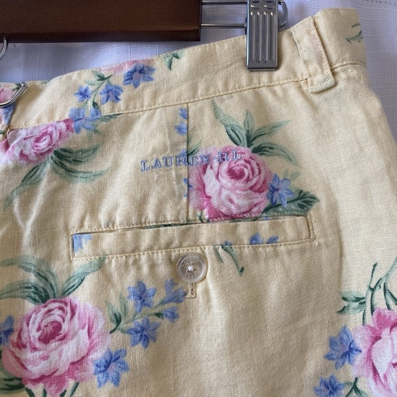 Lauren Ralph Lauren Size 16 100% Linen Shorts Yellow Floral Logo - Picture 7 of 11
